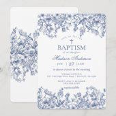 Blue Chinoiserie Vintage Floral Baptism Kaart (Voorkant / Achterkant)