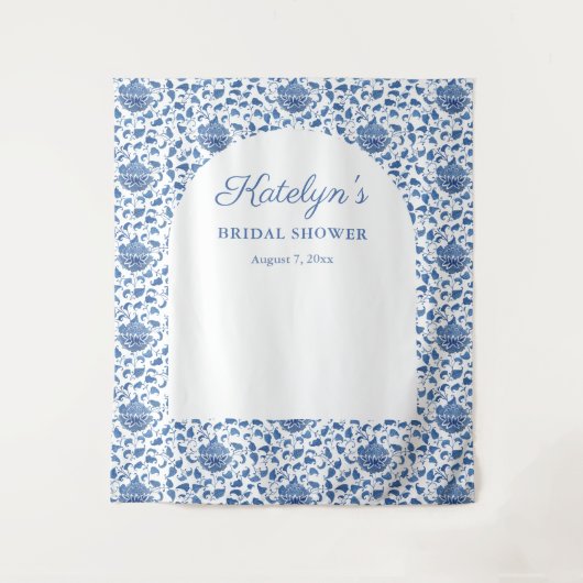 Blue Chinoiserie Vrijgezellenfeest Foto achtergron Wandkleed (Voorkant)