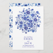 Blue Chinoiserie watercolor Floral Save the Date (Voorkant / Achterkant)
