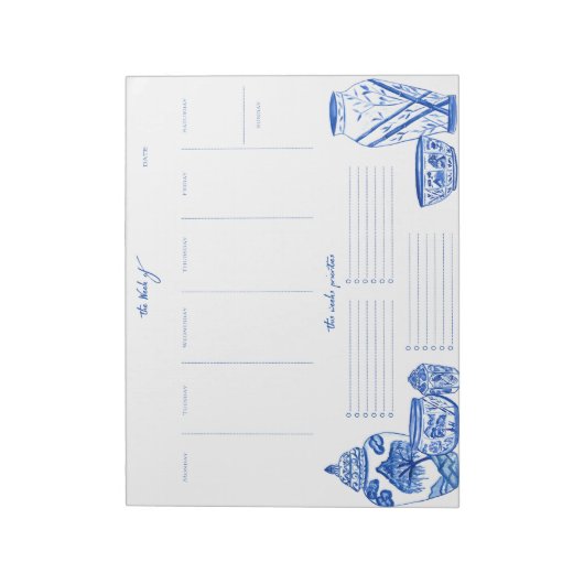 Blue Chinoiserie Weekly Planner Notepad Notitieblok (Linkerzijde)