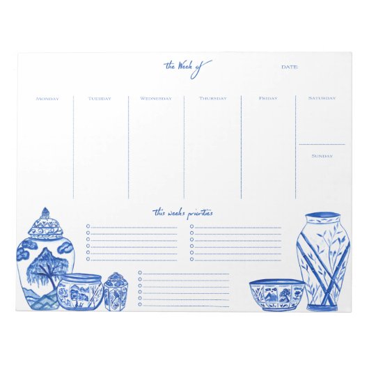 Blue Chinoiserie Weekly Planner Notepad Notitieblok (Voorkant)