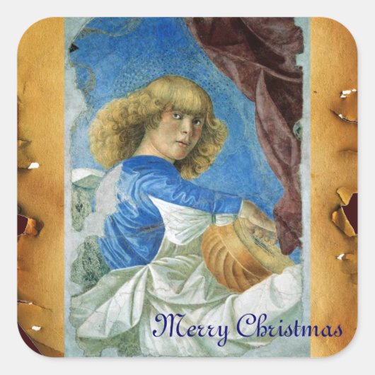 BLUE CHRISTMAS ANGEL MAKING MUSIC OUD PARCHCHMENT VIERKANTE STICKER (Voorkant)