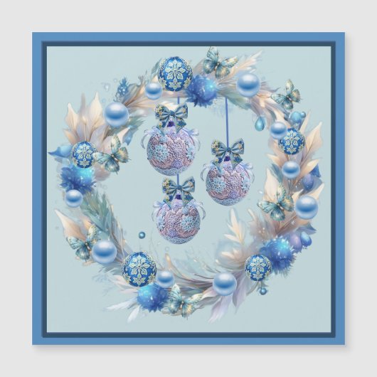 Blue Christmas Ball Krans Magnetische Kaart (Voorkant)
