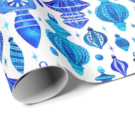 Blue Christmas Bauble Ornamenten in Waterverf Cadeaupapier (Rol Hoek)