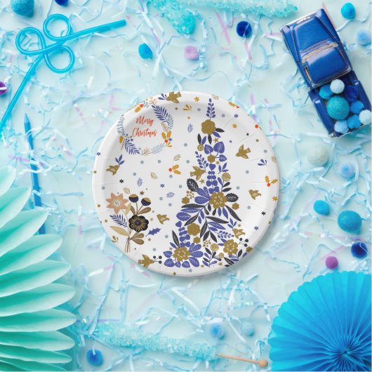 Blue Christmas Bird Flowers Tree Papieren Bordje (Feest)