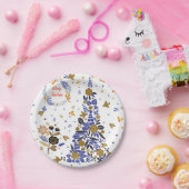  Blue Christmas Bird Flowers Tree Papieren Bordje (Feest)