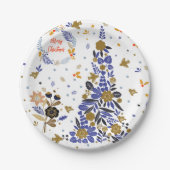  Blue Christmas Bird Flowers Tree Papieren Bordje (Voorkant)