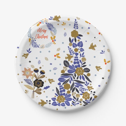  Blue Christmas Bird Flowers Tree Papieren Bordje (Voorkant)