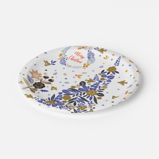  Blue Christmas Bird Flowers Tree Papieren Bordje (Gekanteld)