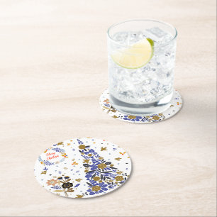  Blue Christmas Bird Flowers Tree Ronde Kartonnen Onderzetter