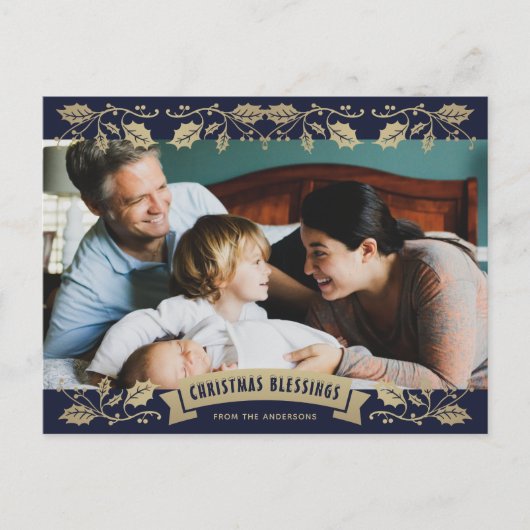 Blue Christmas Blessings Christian Photo Feestdagenkaart (Voorkant)