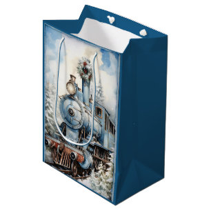 Blue Christmas Decorated Locomotief Medium Cadeauzakje