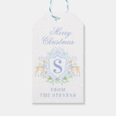 Blue Christmas Deer Crest Monogram met naam Cadeaulabel (Voorkant)