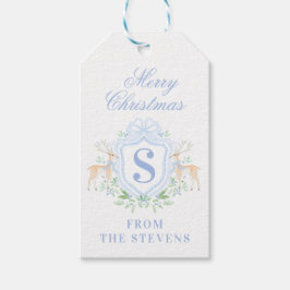 Blue Christmas Deer Crest Monogram met naam Cadeaulabel