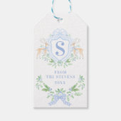 Blue Christmas Deer Crest Monogram met naam Cadeaulabel (Voorkant)