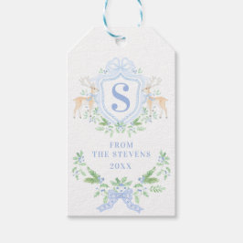 Blue Christmas Deer Crest Monogram met naam Cadeaulabel