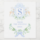 Blue Christmas Deer Crest Monogram Wijn Etiket (Enkel label)