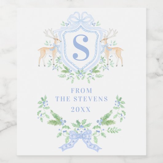 Blue Christmas Deer Crest Monogram Wijn Etiket (Enkel label)
