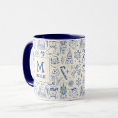 Blue Christmas Doodle Monogram en Naam Mok (Voorkant links)