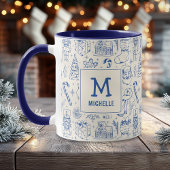 Blue Christmas Doodle Monogram en Naam Mok