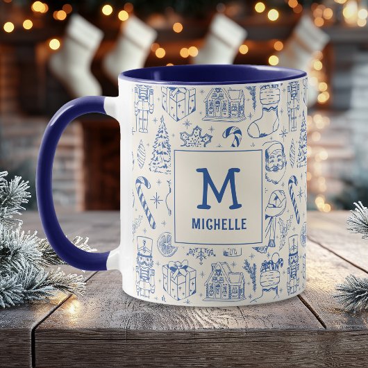 Blue Christmas Doodle Monogram en Naam Mok