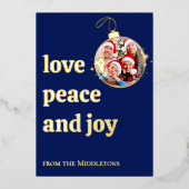 Blue Christmas Family Photo Love Peace Joy Gold Folie Feestdagenkaart (Voorkant)