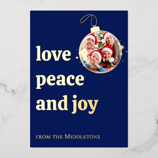 Blue Christmas Family Photo Love Peace Joy Gold Folie Feestdagenkaart (Voorkant)