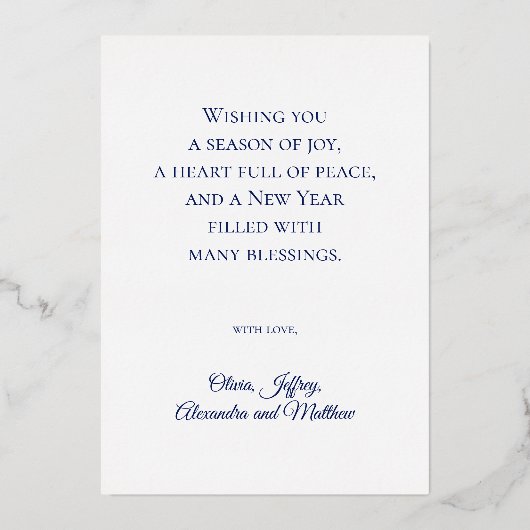 Blue Christmas Family Photo Love Peace Joy Gold Folie Feestdagenkaart (Achterkant)