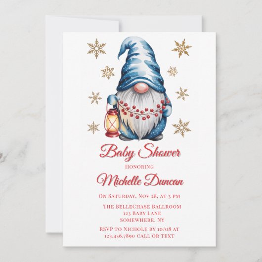 Blue Christmas Gnome Baby Shower Kaart (Voorkant)