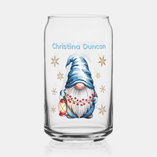 Blue Christmas Gnome with Red Lantern Berries Blikvorm Glas (Achterkant)