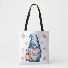 Blue Christmas Gnome with Red Lantern Berries Tote Bag