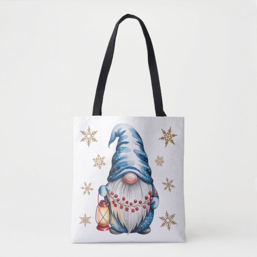 Blue Christmas Gnome with Red Lantern Berries Tote Bag (Voorkant)