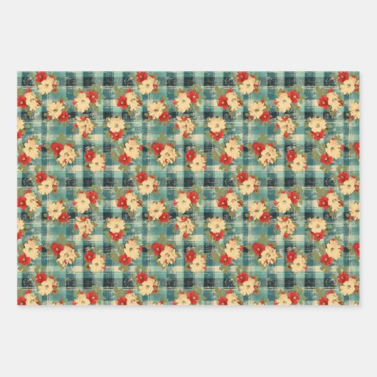 Blue Christmas Noodlijdende Plaid Waterverf Bloeme Inpakpapier Vel (Voorkant 3)