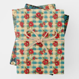 Blue Christmas Noodlijdende Plaid Waterverf Bloeme Inpakpapier Vel