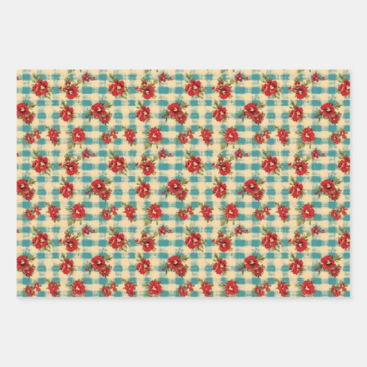 Blue Christmas Noodlijdende Plaid Waterverf Bloeme Inpakpapier Vel (Voorkant)