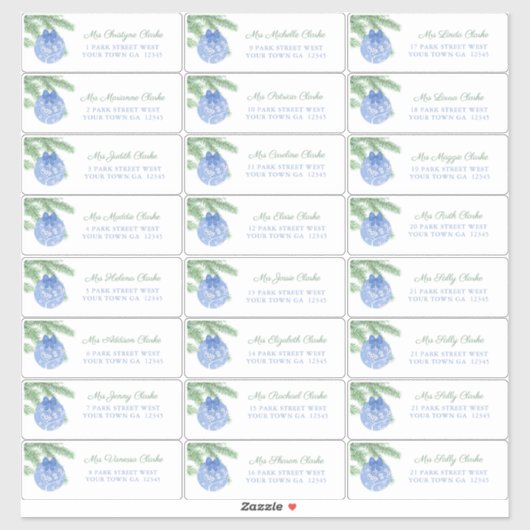 Blue Christmas Ornament Gast Adresetiketten Sticker (Vel)