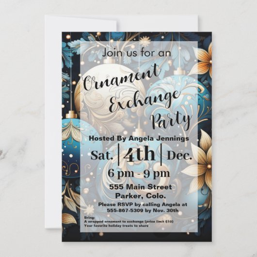 Blue Christmas Ornament Party Invitation Kaarten (Voorkant)