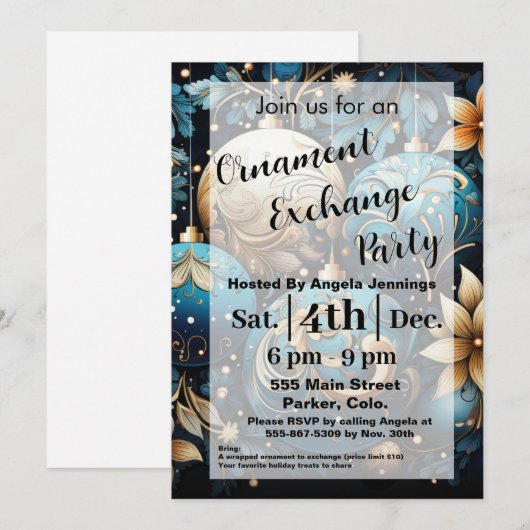 Blue Christmas Ornament Party Invitation Kaarten (Voorkant / Achterkant)