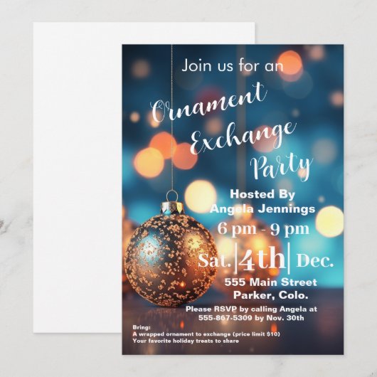 Blue Christmas Ornament Party Invitation Kaarten (Voorkant / Achterkant)