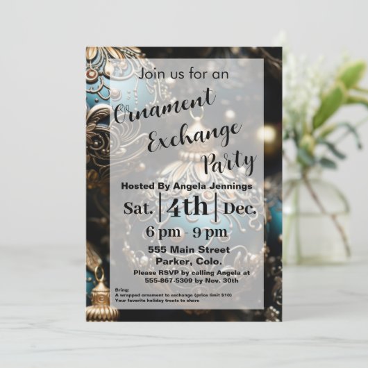 Blue Christmas Ornament Party Invitation Kaarten (Staand voorkant)