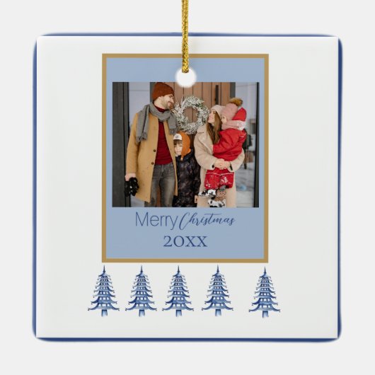 Blue Christmas Pagoda Trees 1-Foto Lijst Keramisch Ornament (Achterkant)