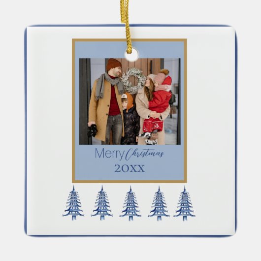 Blue Christmas Pagoda Trees 1-Foto Lijst Keramisch Ornament (Voorkant)