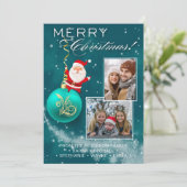 Blue Christmas Santa Ornament Photo Card Feestdagenkaart (Staand voorkant)