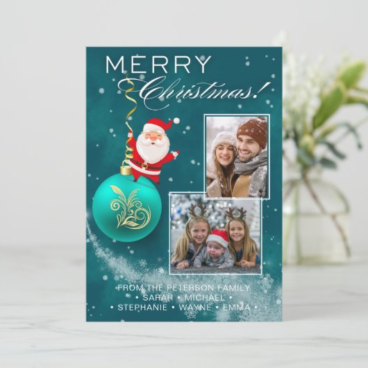 Blue Christmas Santa Ornament Photo Card Feestdagenkaart (Staand voorkant)
