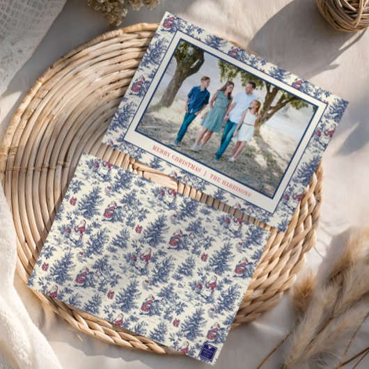 Blue Christmas Santa Toile Photo Feestdagenkaart