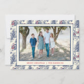 Blue Christmas Santa Toile Photo Feestdagenkaart (Voorkant)