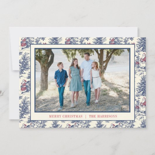 Blue Christmas Santa Toile Photo Feestdagenkaart (Voorkant)