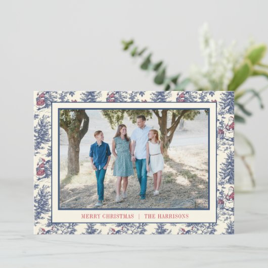 Blue Christmas Santa Toile Photo Feestdagenkaart (Staand voorkant)
