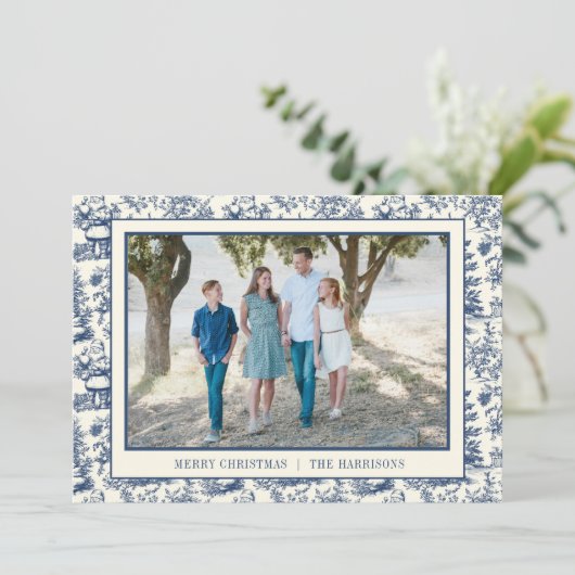 Blue Christmas Santa Toile Photo Feestdagenkaart (Staand voorkant)