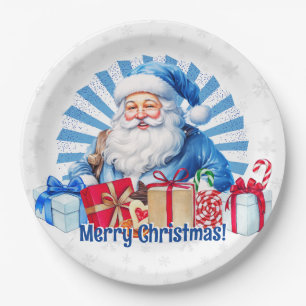 Blue Christmas Santa  Vrolijk Kerstfeest Papieren Bordje